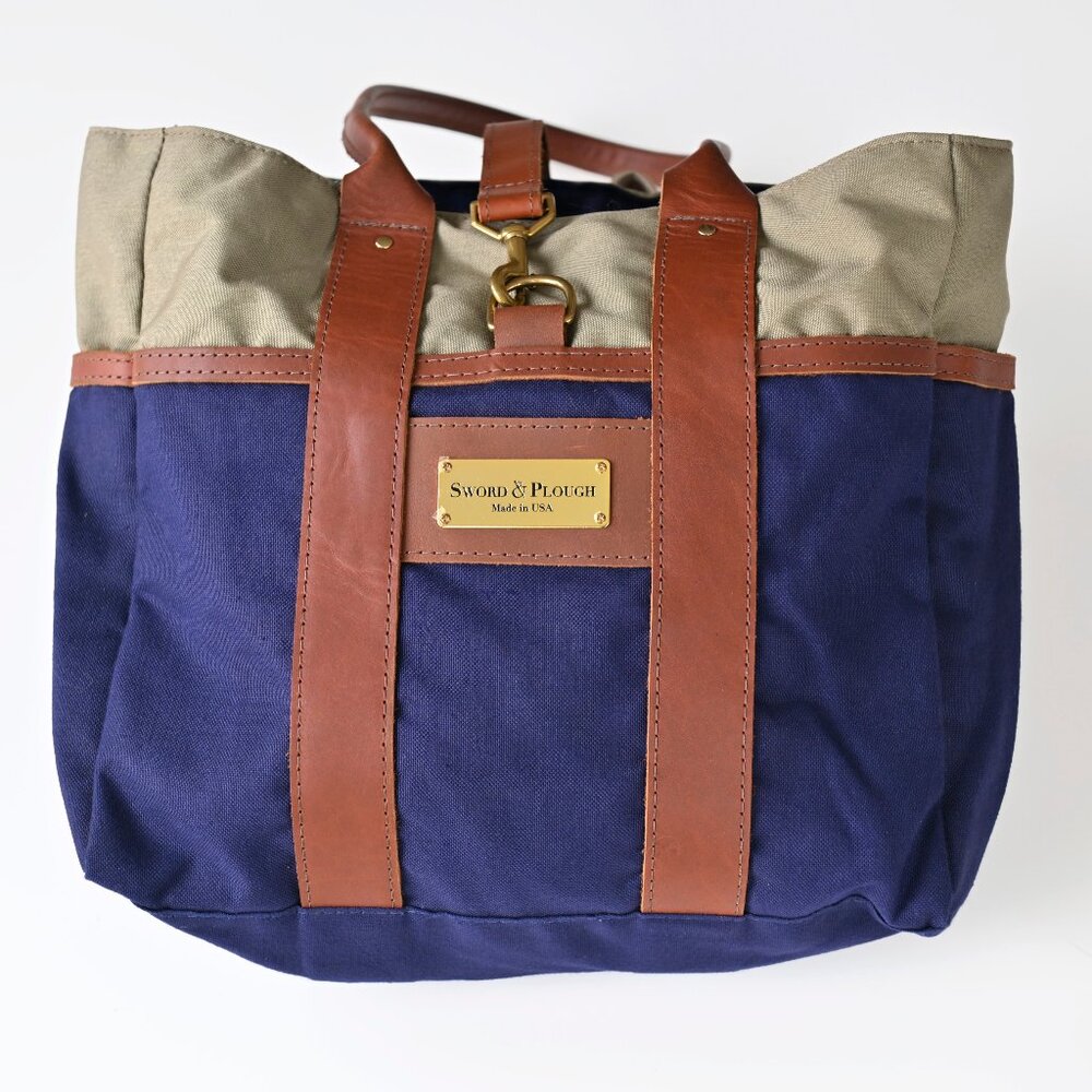 Sword & Plough Signature Tote Bag Blue and Tan w/Leather Made In USA-Like New - Picture 6 of 16